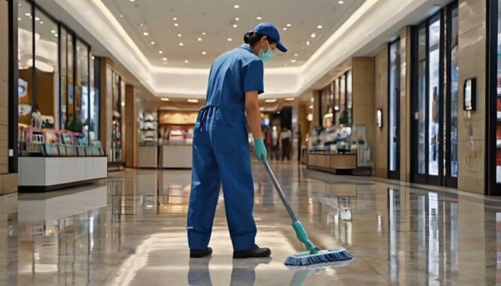 Professional commercial cleaning services in Brisbane and Adelaide mall floor by The Clean Master.