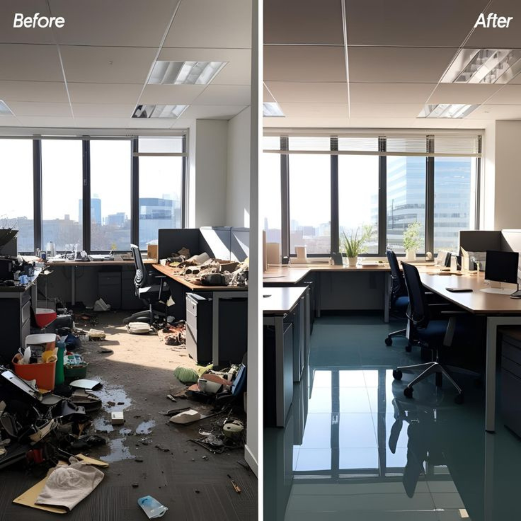 Commercial cleaning services transforming an office before and after in Brisbane and Adelaide by The Clean Master.