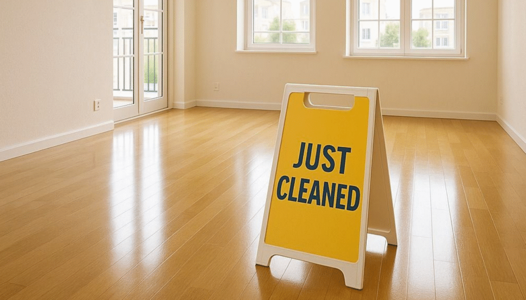 End of lease cleaning in Brisbane and Adelaide – spotless empty room with just cleaned sign by The Clean Master.