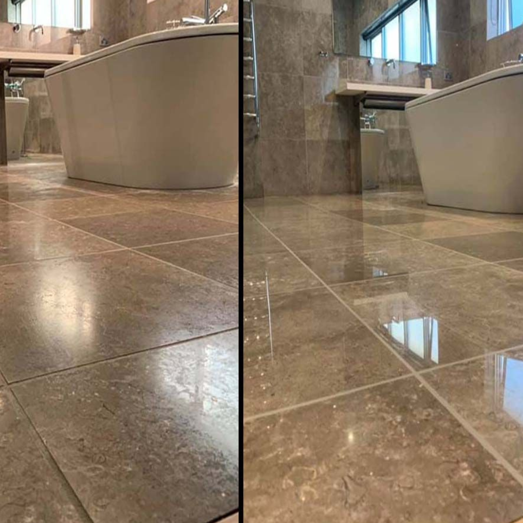 Indoor Cleaning services in Brisbane and Adelaide by The Clean Master showcasing bathroom floor before and after professional cleaning results.