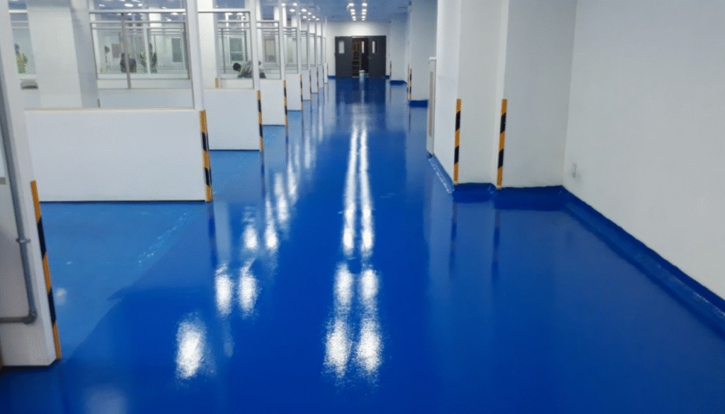 Indoor Cleaning services for blue epoxy flooring in Brisbane and Adelaide