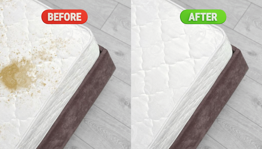 Mattress cleaning before and after deep clean by The Clean Master in Brisbane and Adelaide for residential and commercial spaces
