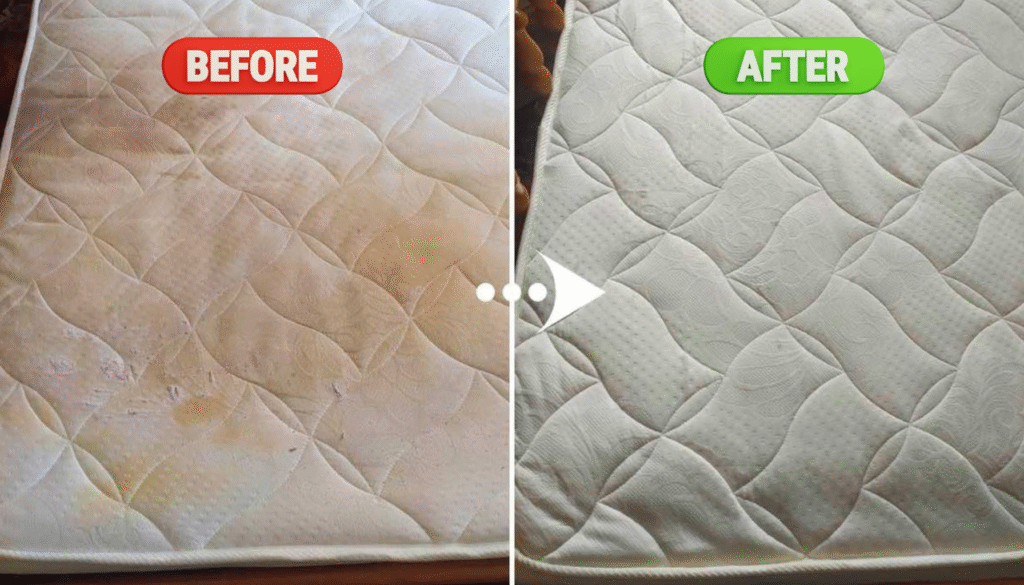 Mattress cleaning before and after stain removal by The Clean Master in Brisbane and Adelaide for residential and commercial clients