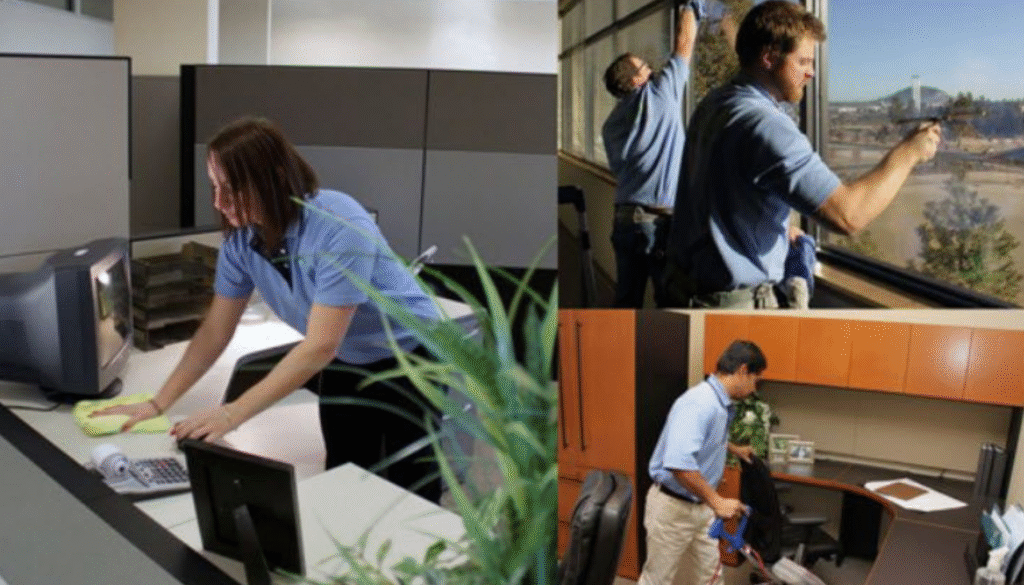 Office cleaning services by The Clean Master in Brisbane and Adelaide with workers cleaning different office sections for residential and commercial clients