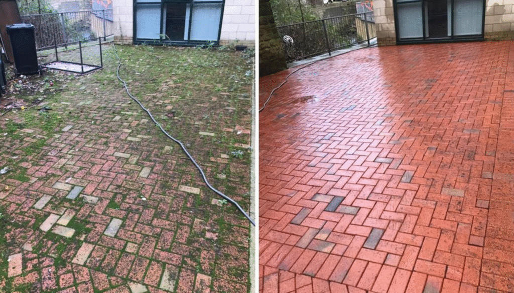 Outdoor Cleaning brick driveway restoration before and after by The Clean Master in Brisbane and Adelaide