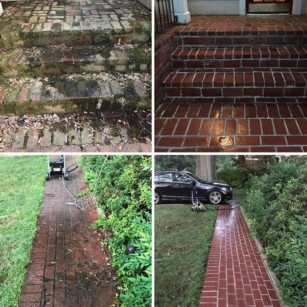 Outdoor Cleaning services in Brisbane and Adelaide by The Clean Master showing before and after results on brick steps and pathways.