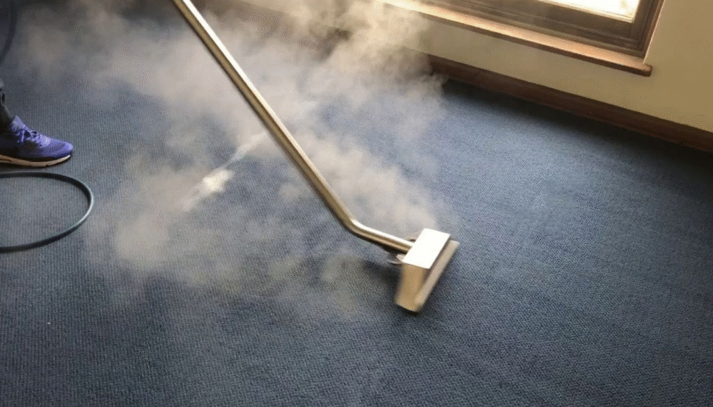 Rug Steam Cleaning service on blue carpet in Brisbane home by The Clean Master.