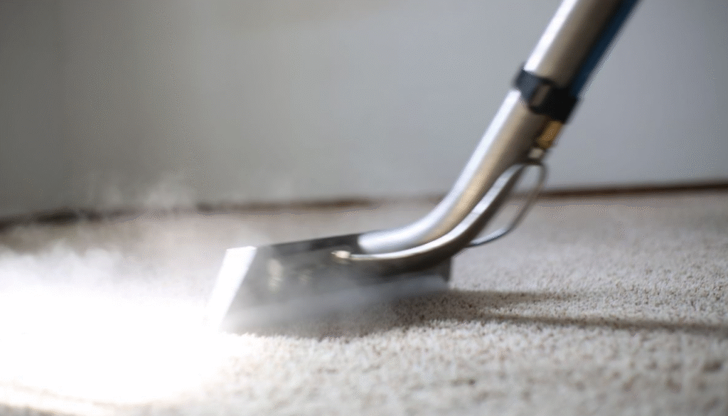 Rug Steam Cleaning service on light carpet using advanced steam technology.