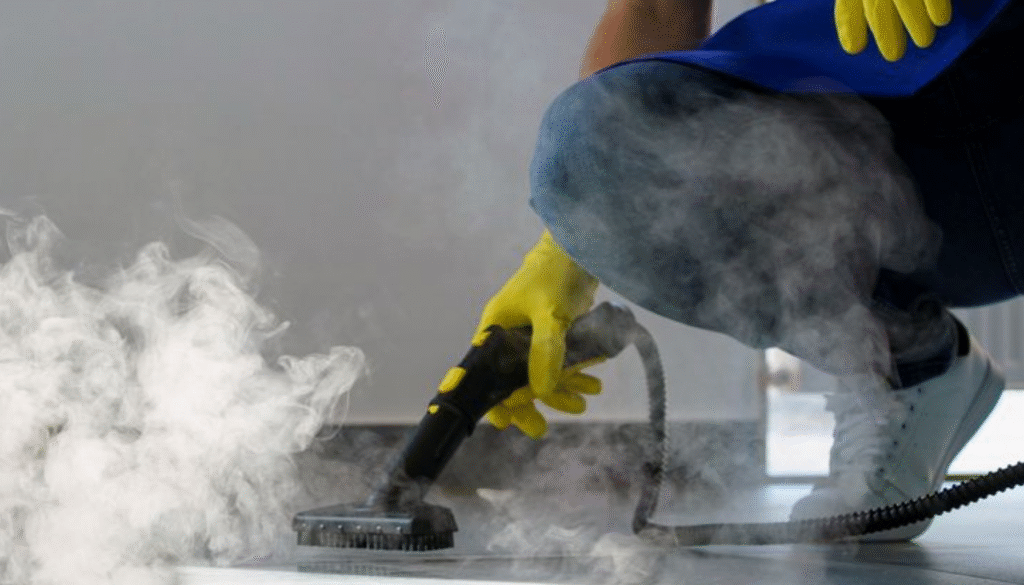 Rug Steam Cleaning service with steam machine on tile and carpet areas.