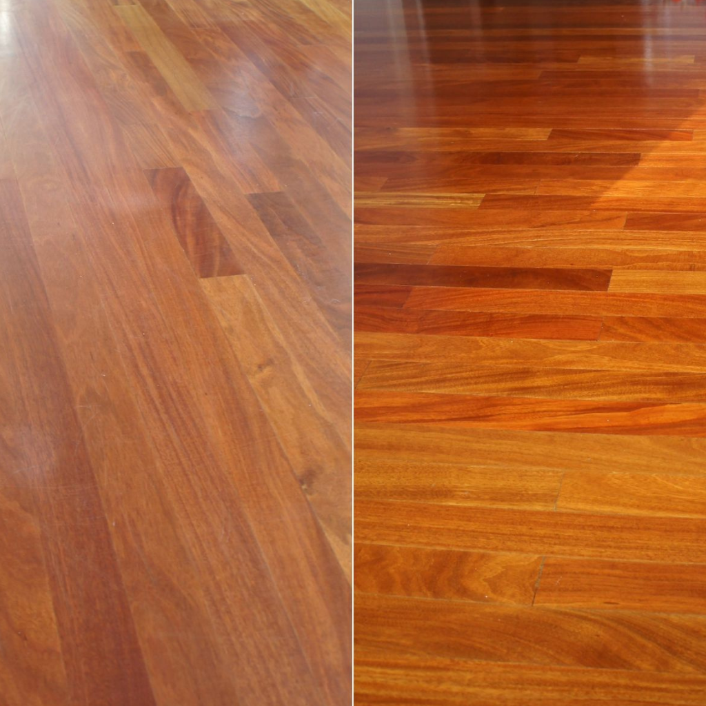 Deep floor cleaning services in Brisbane and Adelaide by The Clean Master showing before and after polished wooden floors.