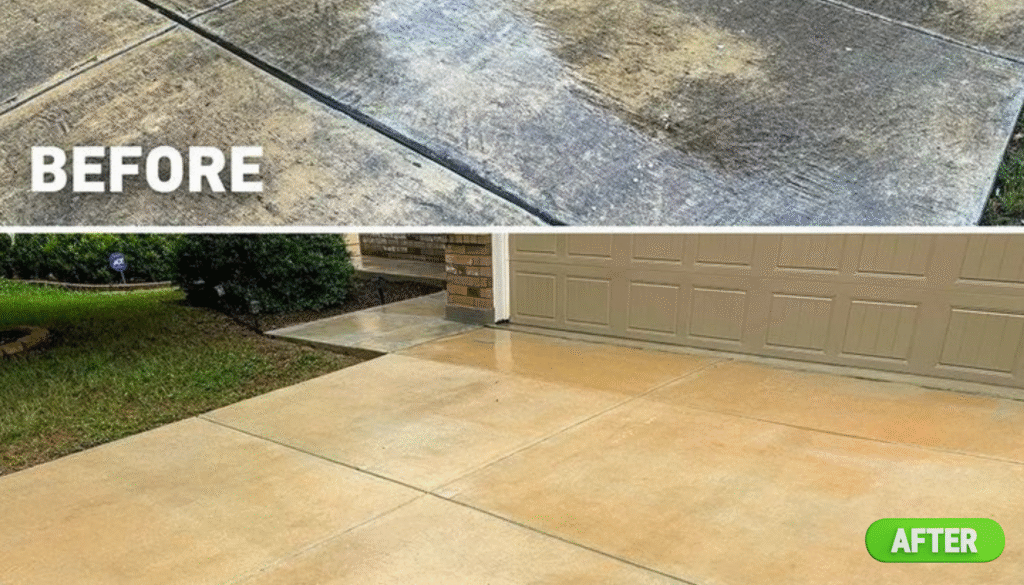 High Pressure Driveway Cleaning concrete surface in Brisbane before and after