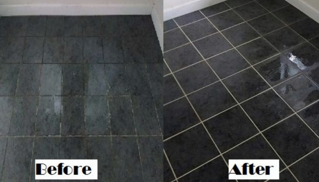 Tile Grouting Cleaning and Sealing dark floor tiles before and after service Adelaide